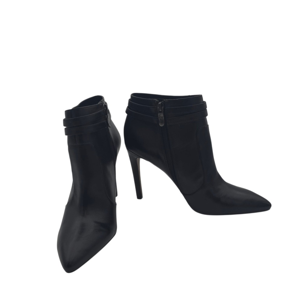 LOFT Black Pointed Toe Stiletto‎ Ankle Boots Zip Strap Detail Size 8M Minimalist